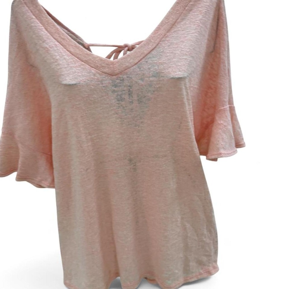 Oddi Pink Boho V-Back Top with Neon Tassels and Flutter Sleeves Women Small